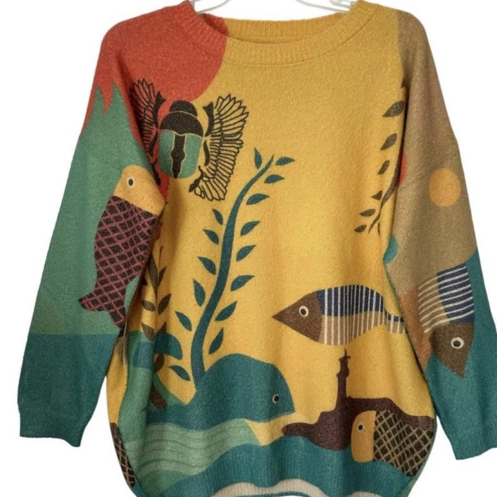 Wool Blend Sweater Plush Fish/ sea life  Print Outdoor Winter Oversized women’s - Picture 8 of 10